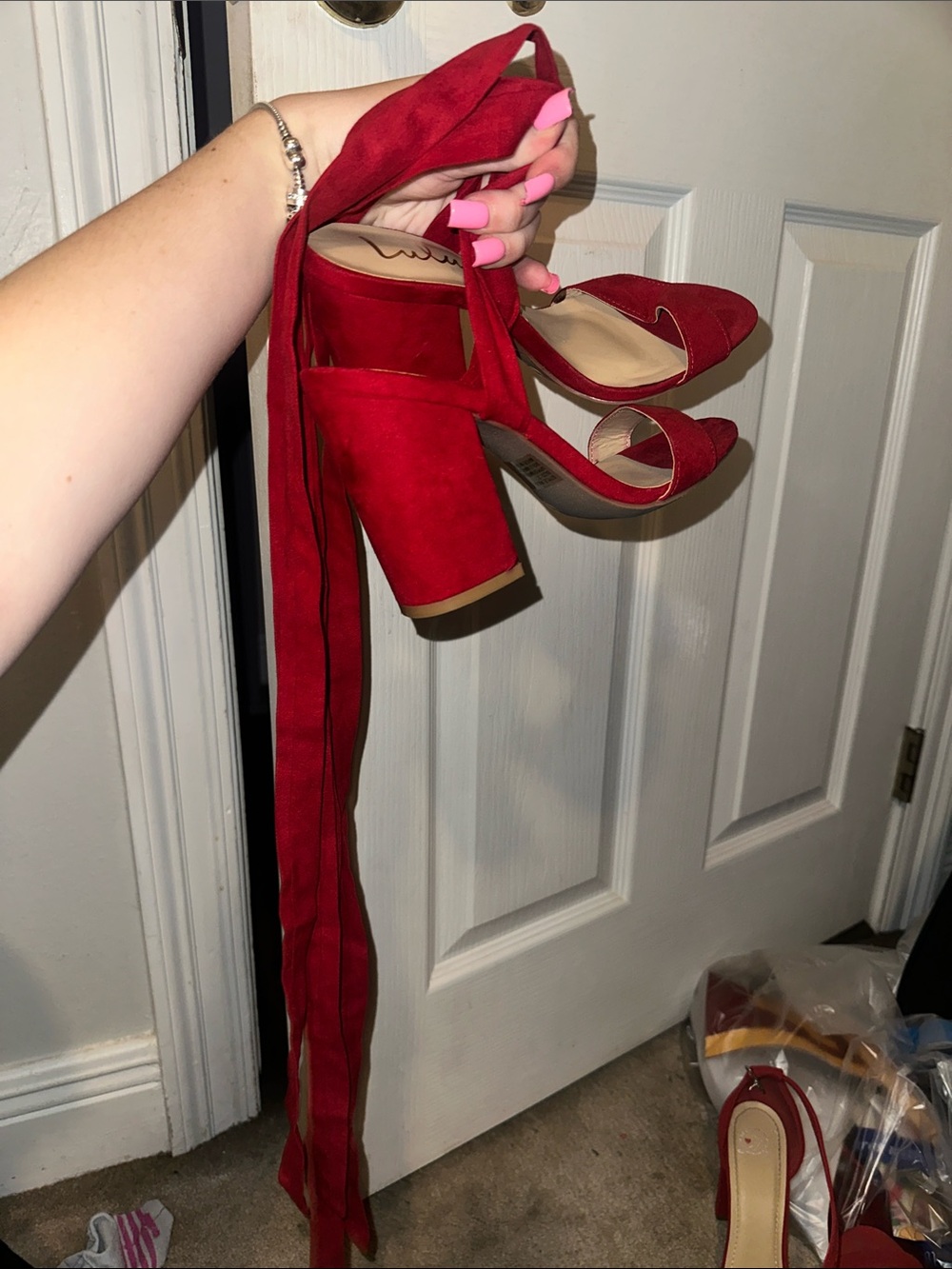 Lulu's Red Suede Block Heel Ankle-Tie Sandals